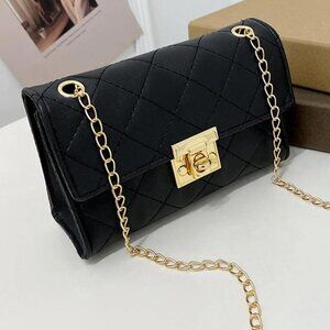 Brand New Black Quilted Pattern with Gold Hardware Mini Crossbody Bag